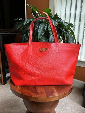 SALVATORE FERRAGAMO Calfskin Medium Tote, Deep Orange